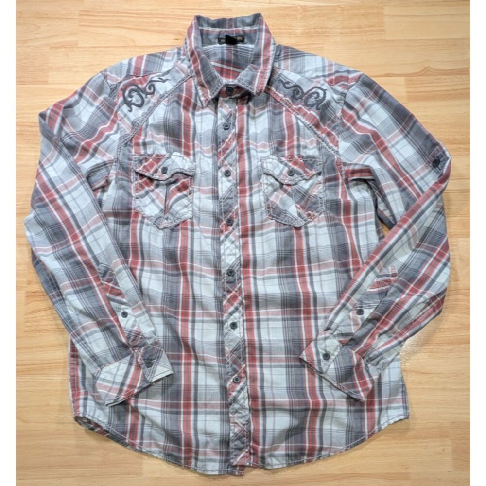 Helix Men Shirt Large L Plaid Button Down Long Sleeve Embroidered Casual Western